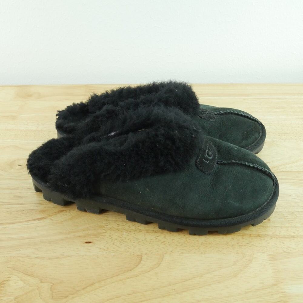 UGG Coquette Slippers Black Shearling Suede Slip On Mule‎ Womens 8 Rubber Sole